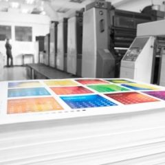 A colourful printed calendar sheet in a black and white press room.